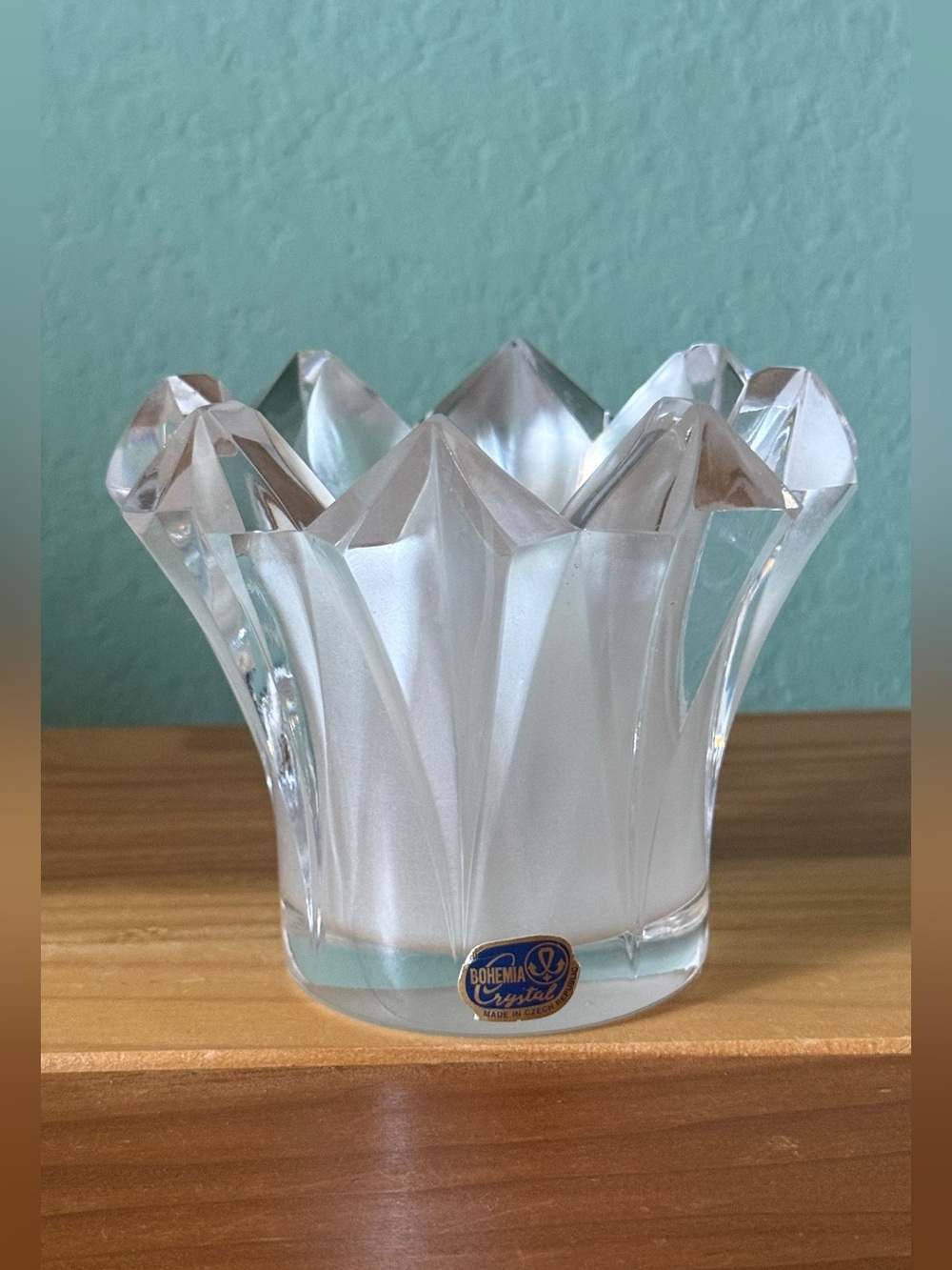 Vintage Bohemia Crystal Candle Holder Frosted Heavy Czech Republic 3.5”